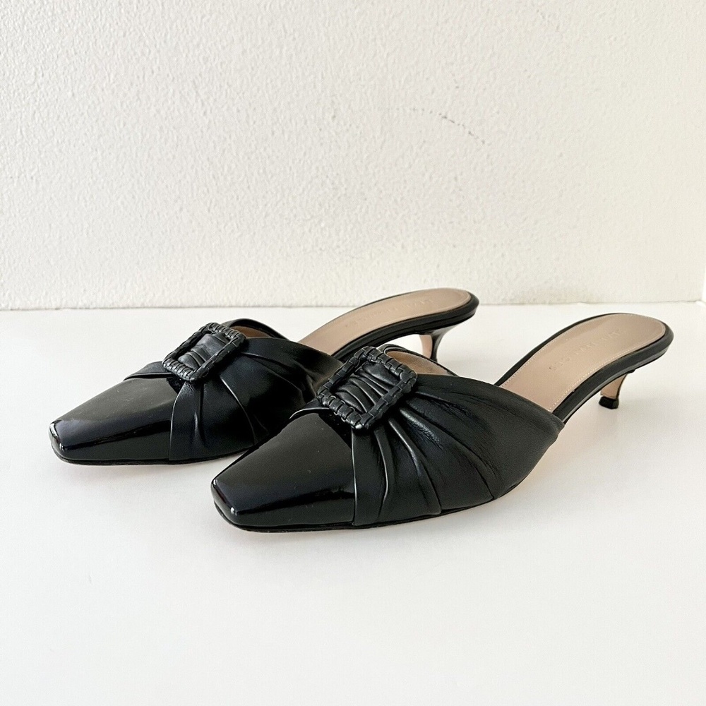 DEAR FRANCES Buckle Patent Leather Kitten Heel Mule in Black